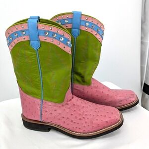 Red Ranch Pink Green Ostrich Print Western Boots Women's 5 Colorful Rodeo